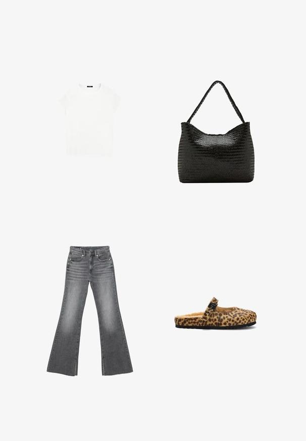 Hvid bomulds t-shirt med rund halsudskæring og korte ærmer. Enkel design, ingen mønstre eller accenter. Blød, glat tekstur.; Grå falmet denimjeans med høj talje, knaplukning foran og lynlås, der har vide, udvidede ben samt lommer foran og bagpå.; Leopardmønstret slingback tøfler med en fuzzy inderside, en rund tå og en dekorativ sort spænde. Sort gummisål med tekstur.; Sort skuldertaske i vævet læder med et enkelt flettet håndtag og en blød, afrundet rektangulær form.