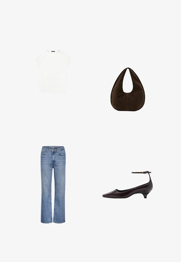 Weißes Baumwoll-T-Shirt mit rundem Ausschnitt und kurzen Ärmeln. Einfaches Design, ohne Muster oder Akzente. Weiche, glatte Textur.; Blaue hoch taillierte gerade Jeans aus Denim mit vorderem Knopf, Reißverschluss und Fünf-Taschen-Design.; Dunkelbraunes, spitz zulaufendes Lederschuh mit Kitten-Heel, dünnem Knöchelriemen und kleiner goldener Schnalle.; Dunkelbraune Wildleder-Handtasche in Halbmondform mit einem breiten Riemen und glatter Textur vor weißem Hintergrund.