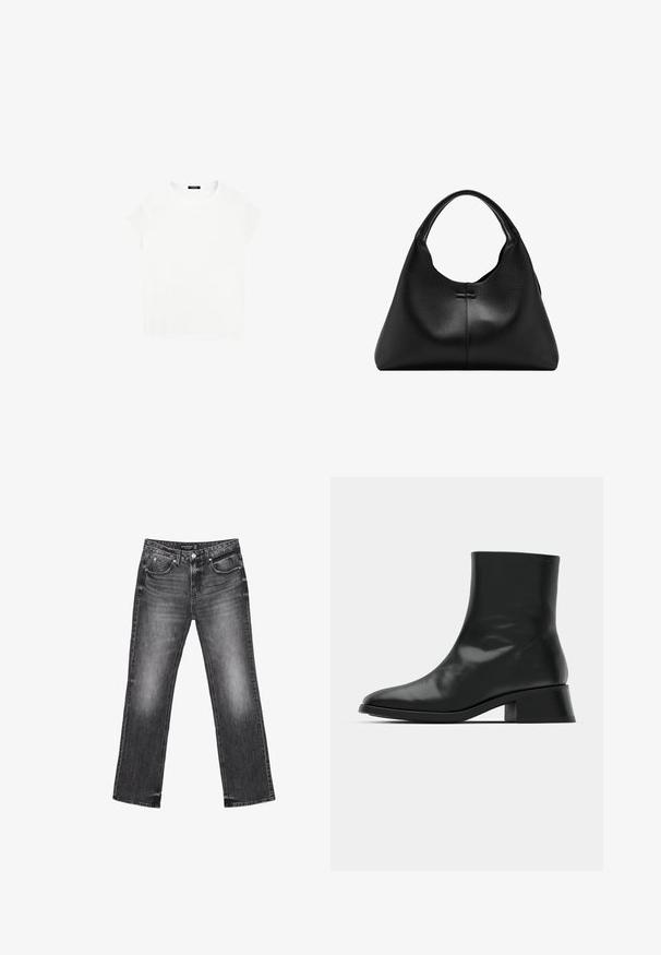 Weißes Baumwoll-T-Shirt mit rundem Ausschnitt und kurzen Ärmeln. Einfaches Design, ohne Muster oder Akzente. Weiche, glatte Textur.; Schwarze Denim-Jeans mit geradem Bein, verblasstem Design und fünf Taschen. Mit Gürtelschlaufen und Reißverschluss.; Schwarze Ankle Boots aus glänzendem Leder, mit einem eleganten Design, spitzer Zehenpartie und einem moderaten Blockabsatz für Stabilität.; Schwarze Handtasche aus strukturiertem Leder mit einem einzelnen, gebogenen Griff und einem breiten, halbmondförmigen Körper.