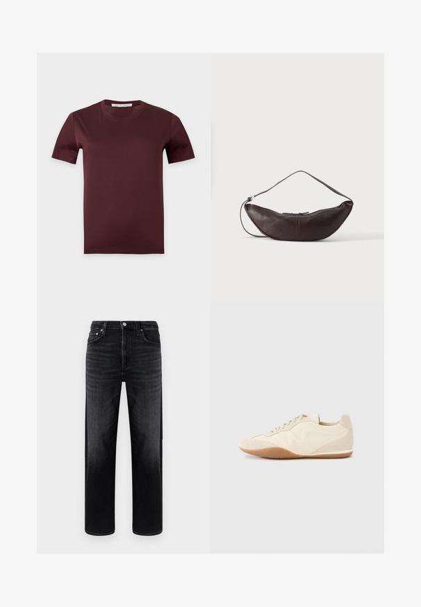 Ensfarvet mørkebrun T-shirt med korte ærmer og rund hals med en "Tiger of Sweden" etiket inden i kraven på en lysegrå baggrund.; Sorte denimjeans med afslappet pasform, lige ben og minimal falmning. Har knaplukning, fem lommer og diskrete syningsdetaljer.; Lyse beige sneakers med en tekstureret læderoverdel, teksturerede sider og en gummisål. Har et slankt, strømlinet design og flade snørebånd.; Mørkebrun læder skuldertaske i halvmåneform med buet rem og synlige syninger på ensfarvet baggrund.