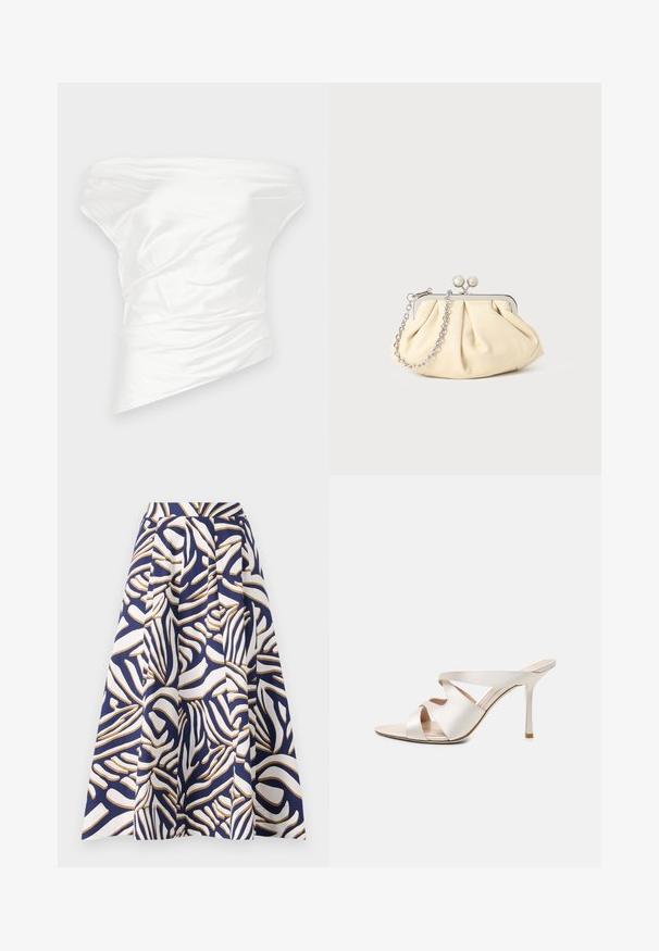 Witte off-the-shoulder top van soepel satijn, met een gedrapeerd, gestructureerd ontwerp en een asymmetrische zoom.; Een knielange jurk van katoen met een marineblauwe achtergrond en gedurfde witte en gouden abstracte patronen; de geplooide ontwerp voegt volume toe.; Beige muil met hoge hak, puntige neus, slanke stilettohak en drie brede leren riemen over de voet.; Geplooide beige leren clutch met een zilveren metalen frame, voorzien van twee ronde decoratieve sluitingen en een zilveren kettingriem.