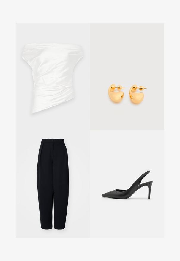 Hvid off-the-shoulder top lavet af glat satin stof, med draperet, struktureret design og en asymmetrisk kant.; Sorte højtaljede bukser med en løs pasform, der har frontfolder, en glat tekstur og ingen synlige lommer eller udsmykninger.; Sorte læder slingback høje hæle med spids tå-design, der har en udskæring fortil og en tynd stiletto-hæl.; Par af små, robuste ørestikker i guldfarvet metal med glatte, buede, abstrakte former på en lys baggrund.