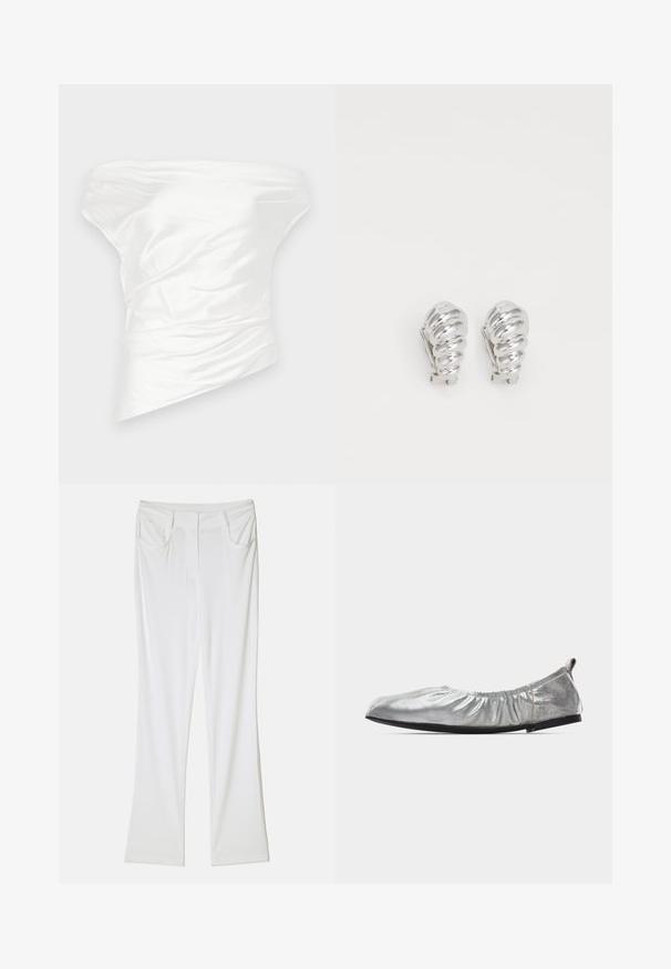 Hvid off-the-shoulder top lavet af glat satin stof, med draperet, struktureret design og en asymmetrisk kant.; Hvide flagrende bukser med en glat tekstur, der har to forlommer og en syet talje for et tætsiddende look.; Sølvmetallic balletsko med elastisk kant, sort sål og trækflap på hælen, vist i profil mod hvid baggrund.; Sølv clip-on øreringe med spiralmønster, der har en glat metallisk tekstur og runde former. Ingen synlige udsmykninger eller mønstre.