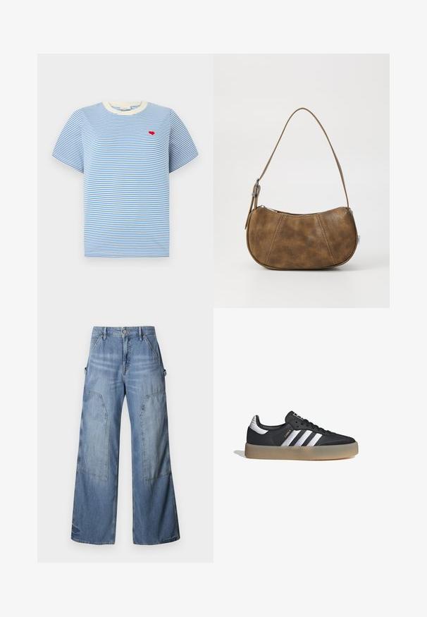Blåstribet t-shirt med kortærmer, cremede ribbede krave og en lille broderet rød hjerte på brystet. Mellemstof i bomuld.; Good American GOOD EASE RELAXED - Jeans Relaxed Fit - indigo; Sort læder atletiksko med tre sølvstriber, en struktureret tå og en gummisål. Har en polstret krave og snørebåndsdesign.; Brun faux læder skuldertaske med en buet form, en enkelt strop, kontrasterende syninger og en lynlåslukning langs den øverste kant.
