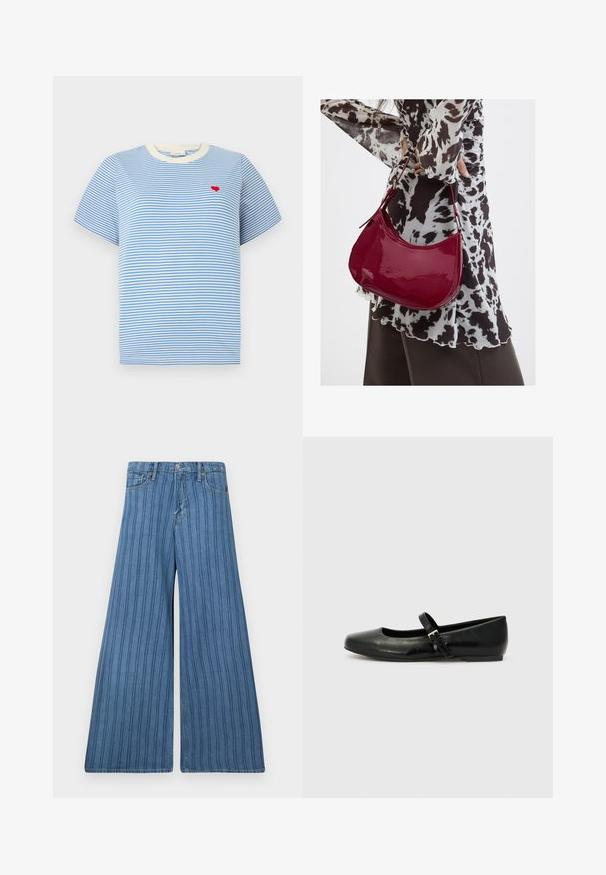 Blau gestreift T-Shirt mit kurzen Ärmeln, cremefarbener gerippter Kragen und einer kleinen roten Herzstickerei auf der Brust. Aus Baumwollmaterial.; Weite Jeans in mittlerem blauen Denim mit vertikalen Streifen, ausgestattet mit einem Knopfverschluss, fünf Taschen und einer gestickten Detailierung entlang der Nähte.; Schwarze Leder-Ballerinas mit einer runden Spitze, einer flachen Sohle und einem dünnen, verstellbaren Riemen über dem Spann mit einer Metallschnalle.; Frau trägt eine schwarz-weiß gemusterte Bluse und hält eine glänzende rote Schultertasche vor einem einfarbigen Hintergrund.
