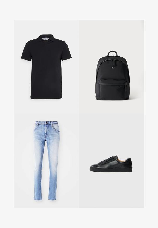 Sort kortærmet polo-shirt med klassisk krave, lavet af glat stof. Har et mærke med brandnavnet 'Filippa K' ved halsudskæringen.; Lyseblå denim jeans med en falmet finish, lige ben-snit, fem lommer, bæltestropper og enkelt knaplukning i taljen.; Sorte lædersneakers med en glat overflade, rund tå og snørebåndslukning. Har en tyk gummisål og minimal branddetalje.; Sort rygsæk med en frontlomme med lynlås, dobbelt lynlås til hovedrummet og et lille metal-logo under hovedlynlåsene.