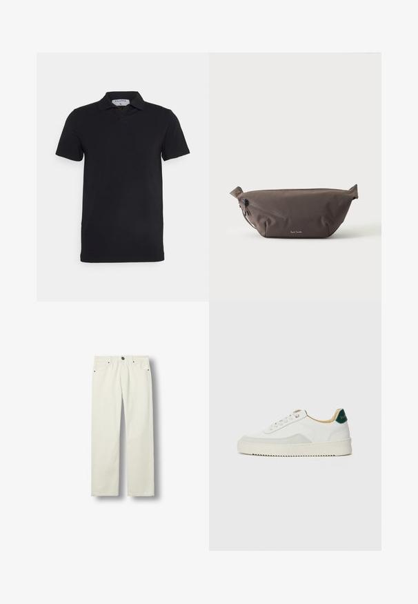 Polo noir à manches courtes avec un col classique, fabriqué en tissu lisse. Présente une étiquette avec le nom de la marque 'Filippa K' au niveau de l'encolure.; Jean droit écru avec poches avant, passants de ceinture, fermeture par bouton et détails en rivets métalliques, présenté sur fond blanc.; Baskets blanches avec des accents en daim, bout arrondi, lacets plats et semelle en caoutchouc crème. Présente une marque verte sur le talon.; Sac banane en tissu marron foncé avec poche zippée en diagonale et petit logo blanc sur le devant, sur un fond clair uni.