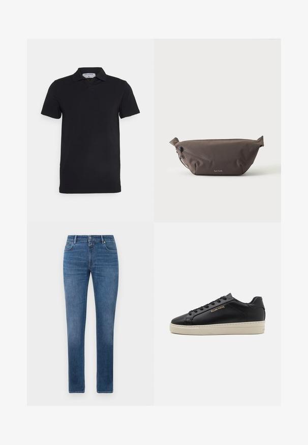 Polo noir à manches courtes avec un col classique, fabriqué en tissu lisse. Présente une étiquette avec le nom de la marque 'Filippa K' au niveau de l'encolure.; Jeans en denim bleu coupe droite avec fermeture à bouton à l'avant, fermeture éclair et cinq poches, affichés sur un fond blanc.; Sneaker en cuir noir avec une finition lisse, semelle crème contrastante, bout arrondi, logo doré sur le côté et six œillets pour les lacets.; Sac banane en tissu marron foncé avec poche zippée en diagonale et petit logo blanc sur le devant, sur un fond clair uni.