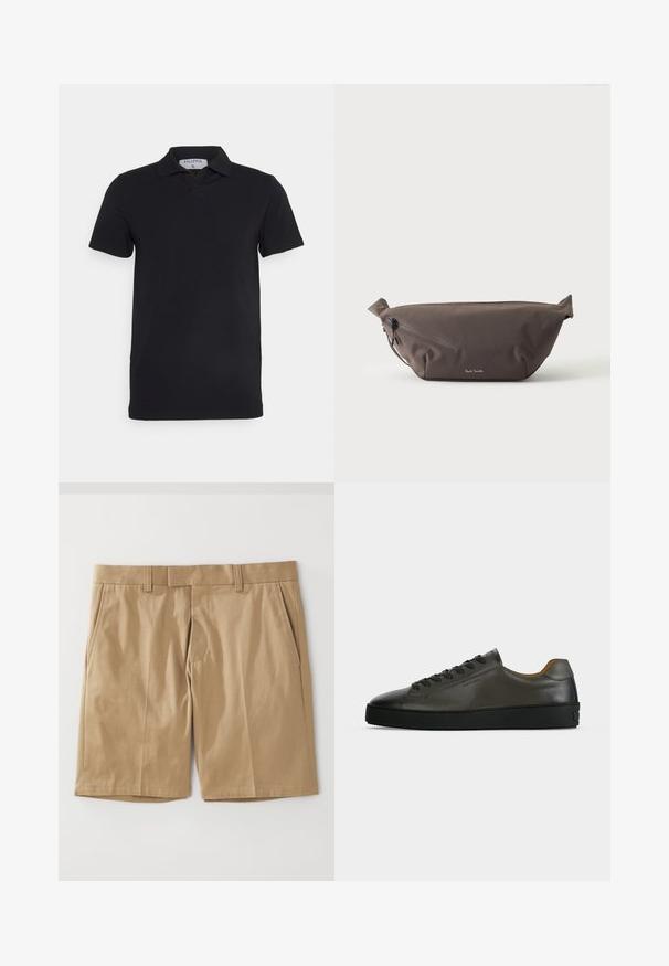 Zwart polosjaal met korte mouwen en een klassieke kraag, gemaakt van gladde stof. Heeft een label met de merknaam 'Filippa K' op de hals.; Khaki shorts met een soepele, geweven textuur, voorzien van twee zijzakken en een rechte snit, ontworpen met een platte tailleband en riemlussen.; Donkergrijze leren lage sneaker met zwarte veters en zool, minimalistisch ontwerp, zijaanzicht op een effen lichte achtergrond.; Donkerbruine stoffen heuptas met diagonale ritssluiting en klein wit logo aan de voorkant, tegen een effen lichte achtergrond.