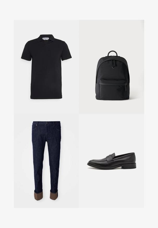 Zwart polosjaal met korte mouwen en een klassieke kraag, gemaakt van gladde stof. Heeft een label met de merknaam 'Filippa K' op de hals.; Donkerblauwe denim jeans met een rechte pasvorm, voorzien van opgerolde manchetten in een gestructureerd bruin materiaal met een logo-patroon. Standaard vijf-pocket ontwerp.; Zwarte leren loafers met een gladde afwerking, een decoratieve band over de bovenkant, een ronde neus en een lage gestapelde hak.; Zwarte rugzak met een voorvak met rits, hoofdvak met dubbele rits en een klein metalen logo onder de hoofdritsgrepen.