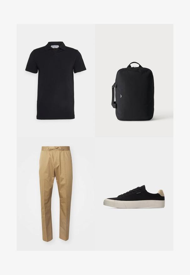 Schwarzes kurzärmliges Polohemd mit klassischem Kragen, aus glattem Material. Verfügt über ein Etikett mit dem Markennamen 'Filippa K' am Kragen.; Beige Hose mit elastischem Taillengummi und verstellbarem Kordelzug. Glatte Textur, gerade Beine und minimalistisches Design.; Schwarzer Low-Top-Sneaker mit beigem Fersenlasche, weißer dicker Gummisohle, schwarzen Schnürsenkeln und kleinem "PS Paul Smith"-Label an der Seite.; Schwarze rechteckige Reisetasche mit oberen und seitlichen Griffen, minimalistischem Design und kleinem Logo vorne vor hellem, einfarbigem Hintergrund.