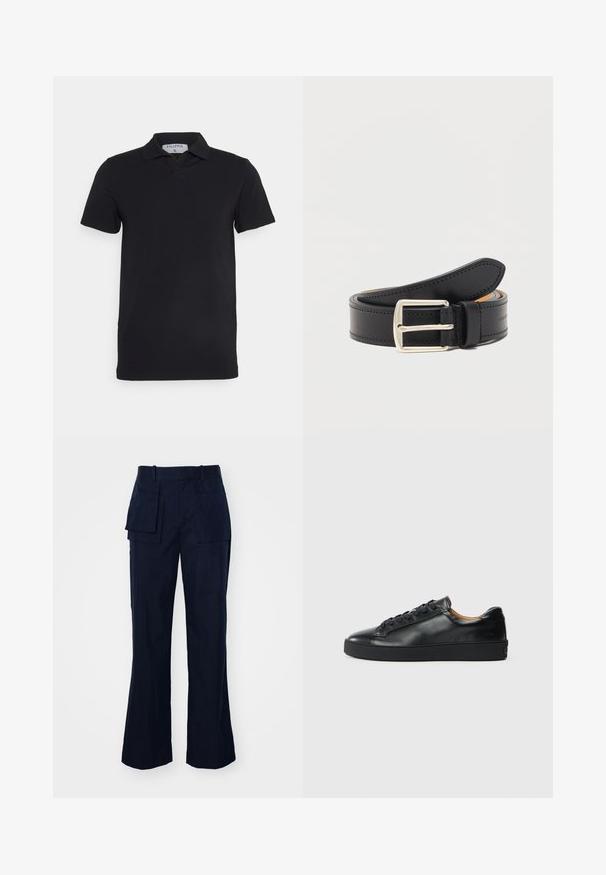 Polo noir à manches courtes avec un col classique, fabriqué en tissu lisse. Présente une étiquette avec le nom de la marque 'Filippa K' au niveau de l'encolure.; Pantalons cargo bleu marine avec une coupe droite, dotés de plusieurs grandes poches, d'une taille plate et d'un tissu lisse et texturé.; Baskets en cuir noir avec une texture lisse, bout rond et fermeture à lacets. Comprend une semelle en caoutchouc épaisse et un minimum de détails de marque.; Ceinture en cuir noir avec boucle rectangulaire argentée, enroulée avec des coutures visibles le long des bords sur un fond blanc uni.