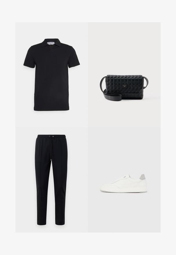 Schwarzes kurzärmliges Polohemd mit klassischem Kragen, aus glattem Material. Verfügt über ein Etikett mit dem Markennamen 'Filippa K' am Kragen.; Schwarze Jogginghosen aus weichem, elastischem Material. Mit einem elastischen Bund und Kordeln sowie schmal zulaufenden Beinen. Keine sichtbaren Muster.; Weißer Sneaker mit niedrigem Schaft, grauem Fersenlaschen, weißen Schnürsenkeln und einer strukturierten Sohle, dargestellt vor einem schlichten hellen Hintergrund.; Schwarze, strukturierte Umhängetasche mit Klappverschluss und kleinem Metalllogo auf der Vorderseite, vor einem schlichten Hintergrund präsentiert.