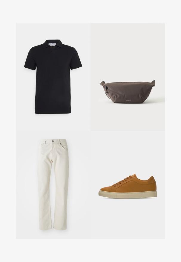 Schwarzes kurzärmliges Polohemd mit klassischem Kragen, aus glattem Material. Verfügt über ein Etikett mit dem Markennamen 'Filippa K' am Kragen.; Helle beige Jeans aus Baumwolle mit geradem Bein, fünf Taschen und silbernem Metallknopfverschluss.; Beiger Sneaker aus Leder mit niedriger Schafthöhe, passenden Schnürsenkeln und offwhite-gummisohle vor schlichtem hellgrauem Hintergrund.; Dunkelbraune Stoff-Gürteltasche mit diagonalem Reißverschlussfach und kleinem weißen Logo vorne, vor einem einfarbigen hellen Hintergrund.