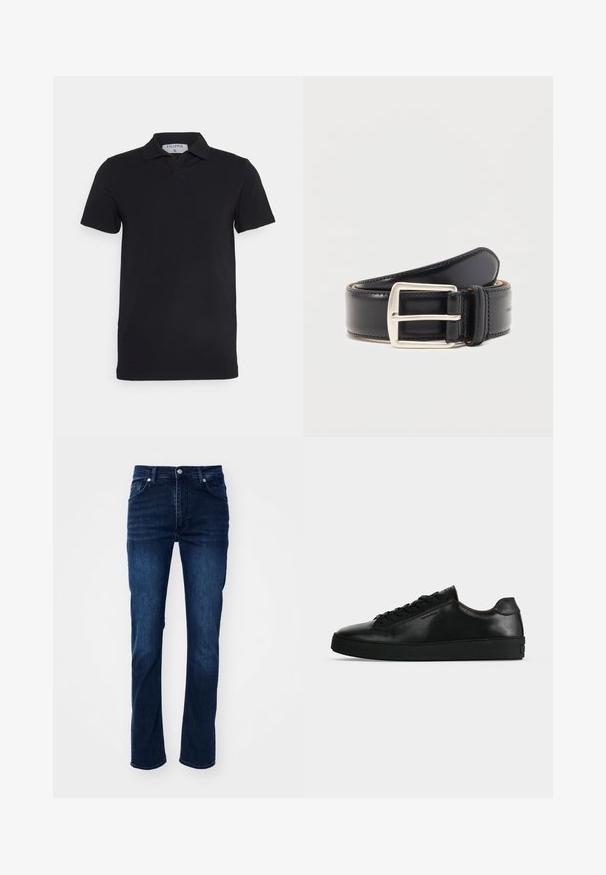 Schwarzes kurzärmliges Polohemd mit klassischem Kragen, aus glattem Material. Verfügt über ein Etikett mit dem Markennamen 'Filippa K' am Kragen.; Dunkelblaue Jeans aus Denim im geraden Schnitt, mit einem klassischen Fünf-Taschen-Design und dezenten Nähdetails.; Schwarzer niedriger Ledersneaker mit schwarzen Schnürsenkeln und dicker schwarzer Sohle, von der Seite auf hellgrauem Hintergrund gezeigt.; Schwarzer Ledergürtel, zusammengerollt mit einer silbernen rechteckigen Metallschnalle und sichtbaren Nähten entlang der Kanten.