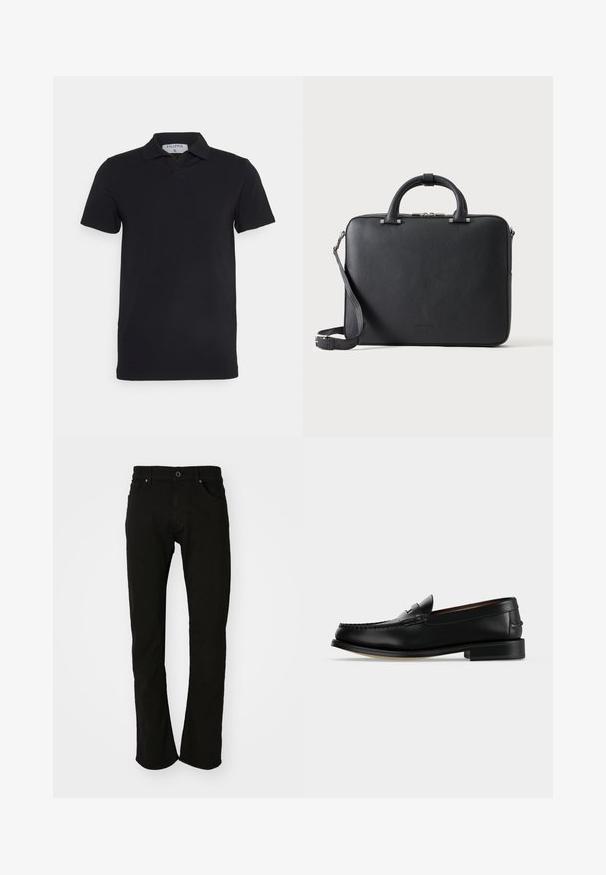 Schwarzes kurzärmliges Polohemd mit klassischem Kragen, aus glattem Material. Verfügt über ein Etikett mit dem Markennamen 'Filippa K' am Kragen.; Schwarze Jeans aus Denim mit geradem Beinanschnitt, ausgestattet mit einem klassischen Bund, Fronttaschen und einer glatten Textur. Keine sichtbaren Muster oder Akzente.; Schwarzer Leder-Herrenschuh (Loafer) mit niedrigem Absatz und Mokassin-artiger Naht am Zehenbereich, seitlich auf einfarbigem Hintergrund dargestellt.; Schwarze, strukturierte Leder-Aktentasche mit Doppelgriffen, abnehmbarem Schulterriemen und oberem Reißverschlussverschluss auf hellem, einfarbigem Hintergrund.