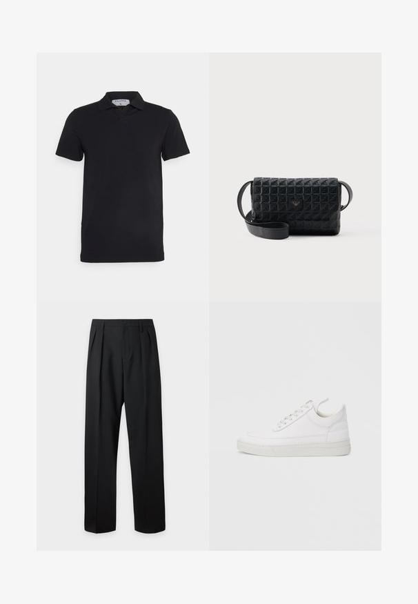 Sort kortærmet polo-shirt med klassisk krave, lavet af glat stof. Har et mærke med brandnavnet 'Filippa K' ved halsudskæringen.; Sorte skræddersyede bukser med høj talje, bæltestropper, frontfolder, knaplukning og lige vide ben på en lys baggrund.; Hvid lædersneaker med rundet tå, flad sål og snørebånd foran. Har syningsdetaljer og polstret krave for komfort.; Sort tekstureret crossbodytaske med klaplukning og et lille metallogo foran, vist mod en ensfarvet baggrund.