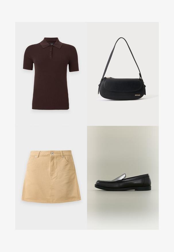 Polo en maille côtelée à manches courtes de couleur brun foncé avec trois boutons et un col classique, présenté sur un fond uni.; Jupe en denim beige mini avec poches avant, passants de ceinture et fermeture à bouton en métal sur fond blanc.; Mocassin en cuir noir avec couture moc toe, petit talon et design à enfiler sur fond neutre.; Sac à épaule en cuir noir avec rabat incurvé, logo doré "HUGO" sur le devant, et une bandoulière réglable.
