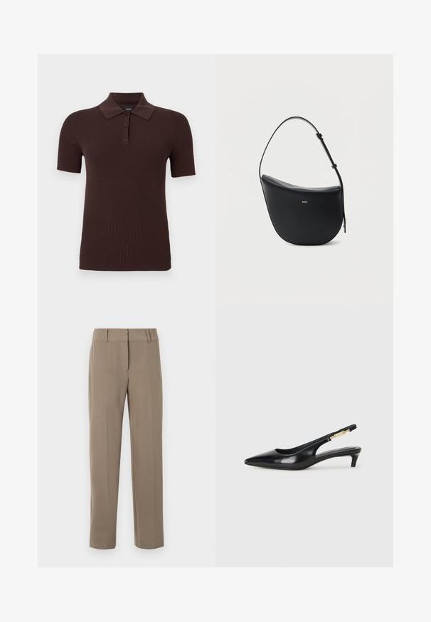 Polo de punto acanalado de manga corta en marrón oscuro con tres botones y cuello clásico, mostrado sobre un fondo liso.; Pantalones caqui de pierna recta con trabillas para cinturón y cierre frontal de cremallera sobre fondo blanco.; Tacones negros de piel sintética tipo slingback con punta afilada, que cuentan con un tacón delgado y un detalle en tono dorado en la correa ajustable. Textura suave.; Bolso de hombro de cuero negro en forma de media luna, con correa ajustable y logo dorado "BOSS" centrado en el frente.
