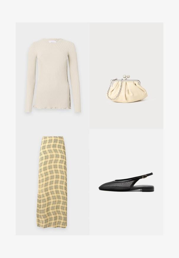 Rabanne Pikkade varrukatega topp - ecru; Rabanne Maksiseelik - green/yellow/cream; Must slingback platvormkinga terava varbaosaga, võrkpealsega, reguleeritava pandlaga rihmaga ja madala pinu kontsaga valgel taustal.; Kortsus beežist nahast kotike, millel on hõbedane metallraam, kaunistatud kahe ümmarguse dekoratiivse lukuga ja hõbedase ketispideme.