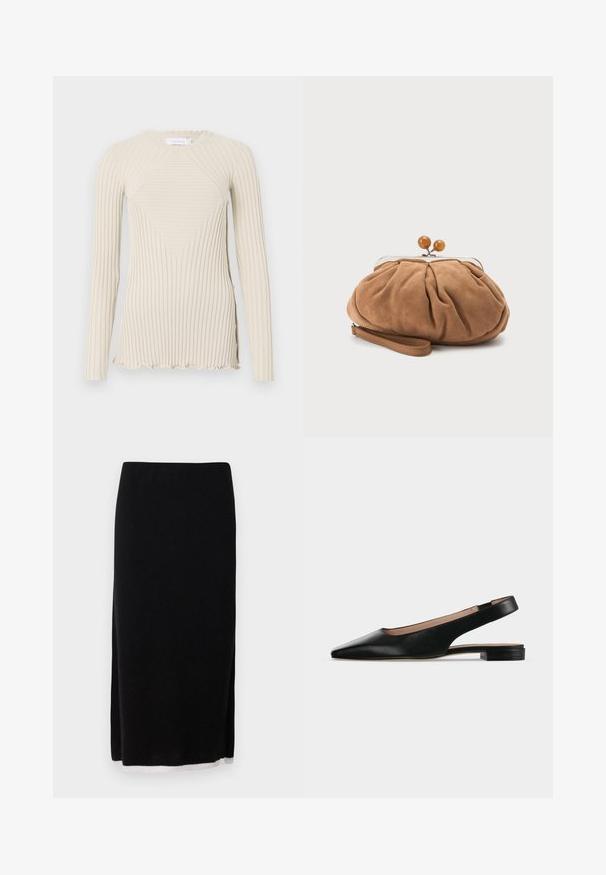 Rabanne Longsleeve - ecru; Zwarte gebreide rok met een rechte snit, featuring een zijsplit en een contrasterende witte zoom. Glad textuur, knielange ontwerp.; Zwarte leren slingback platte schoen met spitse neus en lage vierkante hak op een witte achtergrond.; Kleine zachte bruine suède clutch met geplooide stof, metalen sluiting, houten kraalaccenten en polsriem op een witte achtergrond.