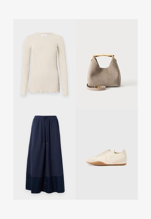 Rabanne Longsleeve - ecru; Navyblauwe maxi rok van zachte stof, met een elastische tailleband en een trekkoord, en een donkerdere blauwe paneel aan de zoom.; Lichtbeige sneakers met een textuur van leer op het bovenwerk, getextureerde zijpanelen en een rubberen zool. Voorzien van een slank, gestroomlijnd ontwerp en platte veters.; Beige suède handtas met een gebogen gouden metalen handvat en een afneembare riem met gouden gesp, afgebeeld op een effen lichte achtergrond.