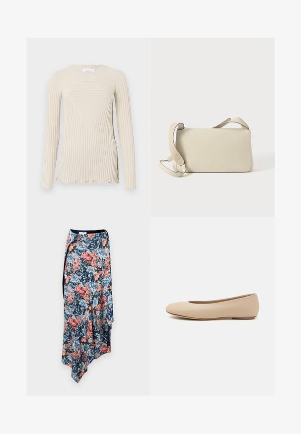 Rabanne Top s dlhým rukávom - ecru; Rabanne Puzdrová sukňa - english tapestry/pink/blue/green; Béžové kožené baleríny s okrúhlym prstom, minimálnym švom, nízkym podpätkom a diskrétnym logom na zadnej strane. Hladká, matná textura.; Krémová kožená taška cez rameno s nastaviteľným popruhom a klopou, na čistom bielom pozadí.