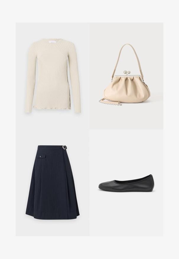 Rabanne Longsleeve - ecru; Navyblauwe A-lijn rok met een zijknoopsluiting, voorzien van een voorzak en een soepele, lichte stof met een lichte glans.; Zwarte leren ballerina met een ronde neus, gladde textuur, minimale stikdetails en een flexibele zoolontwerp.; Beige zachte leren handtas met een zilveren metalen frame sluiting, een enkele schouderriem en een optionele kettingriem op een witte achtergrond.