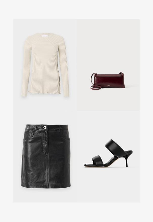 Rabanne Langærmet T-shirt - ecru; Weekend Max Mara HULL - Pencil skirt - nero; Sort læder mule sandal med to brede remme og en slank mellemhøj stiletthæl på en ensartet lys baggrund.; Bordeaux læder crossbody taske med en glat tekstur, rektangulær form, flaplukning og en tynd justerbar rem. Guldlogo detalje synlig.