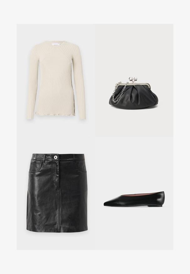 Rabanne Langærmet T-shirt - ecru; Weekend Max Mara HULL - Pencil skirt - nero; Sort damesko i læder med flad hæl og spids tå, vist fra siden på en ensfarvet lys grå baggrund.; Sort læder clutch med samlet tekstur, sølvfarvet metalramme, kys-lås lukning og kædestrop. Glat, blød overflade.