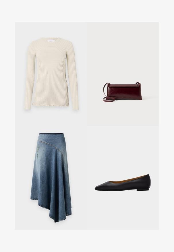 Rabanne Langarmshirt - ecru; Denim-Wickelrock in einem hellen bis dunklen Blauton-Gradient, mit einem gestickten Blumenmuster auf einer Seite und sichtbaren Stichdetails entlang der Ränder.; Schwarzer flacher Schuh aus Leder mit spitz zulaufender Vorderkappe, niedrigem Absatz und glatter Oberfläche, von der Seite vor einem hellgrauen Hintergrund dargestellt.; Burgunderfarbene Leder-Umhängetasche mit glatter Textur, rechteckiger Form, Klappenverschluss und einem dünnen, verstellbaren Trageriemen. Sichtbares goldfarbenes Logodesign.