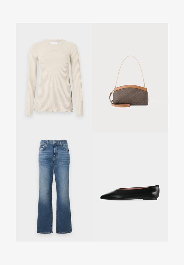 Rabanne T-shirt à manches longues - ecru; Jeans en denim bleu avec une coupe droite, taille mi-haute, design à cinq poches et décoloration subtile le long des jambes.; Chaussure plate en cuir noir pour femme, avec bout pointu et petit talon, vue de côté sur un fond gris clair uni.; Sac à main Michael Kors marron avec motif monogramme, bordure en cuir beige et bandoulières en chaîne dorée et cuir sur fond blanc.
