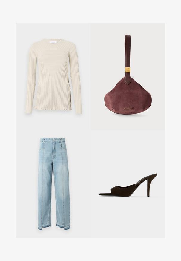 Rabanne T-shirt à manches longues - ecru; Jean en denim bleu clair avec jambes larges, taille haute et ourlet effiloché. Comprend deux poches avant et des coutures visibles le long des coutures.; Mule en daim noir à bout ouvert, talon haut et fin, design slip-on, vue de profil sur un fond uni.; Sac à main bracelet en daim marron avec bandoulière en cuir et plaque logo dorée, avec le nom de la marque "COCCINELLE" en lettres dorées.