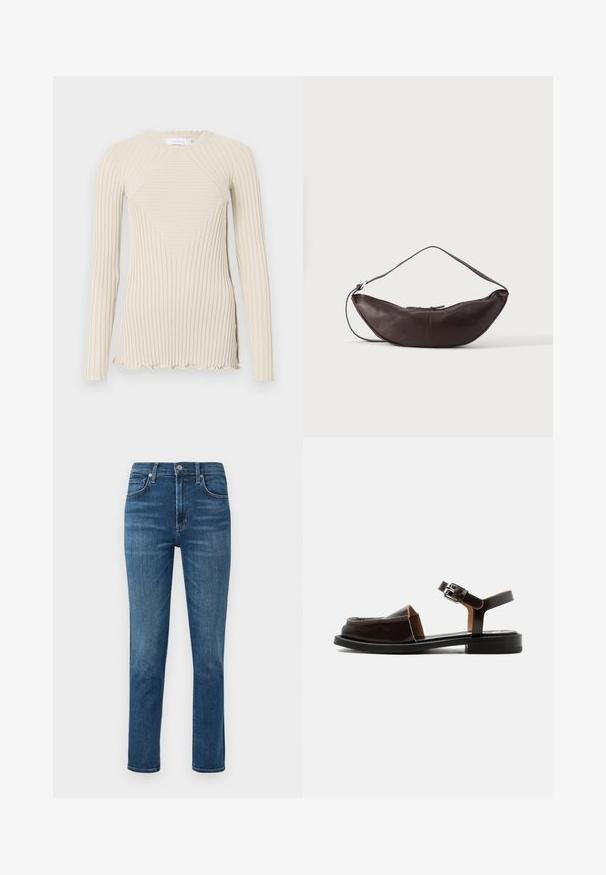 Rabanne Longsleeve - ecru; Donkerblauwe denim jeans met een rechte pijp, vijf zakken en een metalen knoop in de taille. Subtiele vervaging en stikseldetails.; Donkerbruine leren platte sandaal met open teen, enkelbandje en zilveren gesp, lage hak en een gesloten bovenzijde met uitsnijdingen.; Donkerbruine leren schoudertas in halve maan vorm met een gebogen band en zichtbare stiksels op een effen achtergrond.