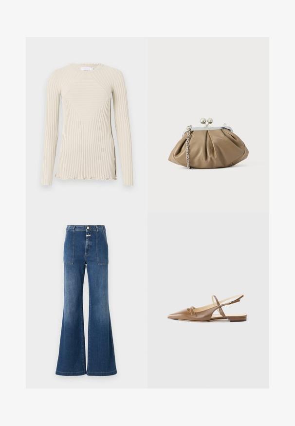 Rabanne Longsleeve - ecru; Hoge taille flared jeans in middelblauw denim met een vervaagde afwerking. Heeft patchzakken en een knoopsluiting. Schoon zoom.; Bruine leren slingback schoenen met een spitse neus, twee smalle banden en een lage hak. Gladde textuur met een gepolijste afwerking.; Leren clutch in zacht beige met een afgeronde vorm, geplooide textuur, zilveren kiss-lock sluiting en een afneembare kettingriem.