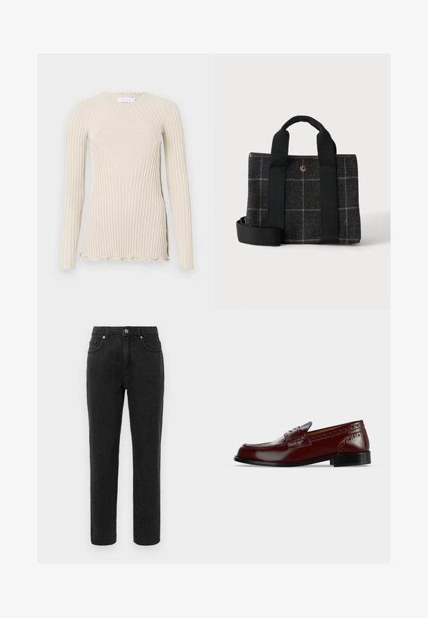 Rabanne Longsleeve - ecru; Zwarte denim jeans met een recht beenontwerp, standaard vijf-pocket styling en een knoopsluiting. Heeft subtiele stikdetails.; Bordeaux leren loafer met brogue-details en een zwarte zool, zijaanzicht op een effen achtergrond.; Donkergrijze geruite stoffen handtas met zwarte handvatten en een afneembare schouderriem, met een kleine ronde metalen knop als detail.