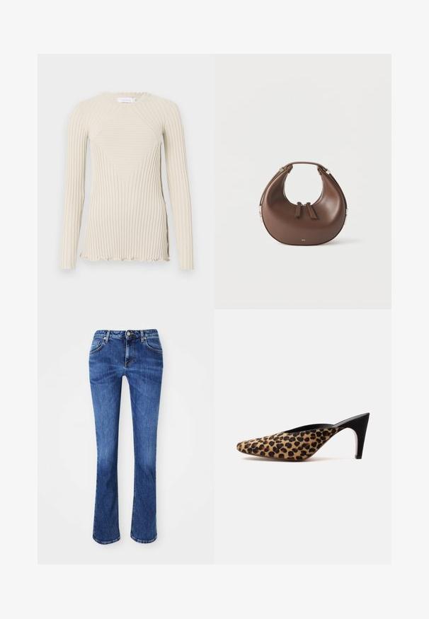 Rabanne T-shirt à manches longues - ecru; Jean en denim bleu, avec une coupe droite, design à cinq poches, fermeture à bouton en laiton, et un léger délavage pour la texture.; Mule à bout pointu avec dessus imprimé léopard et talon stiletto noir de hauteur moyenne sur fond blanc uni.; Sac à main en cuir marron en forme de croissant avec une poignée supérieure et deux curseurs de fermeture éclair, sur fond blanc.