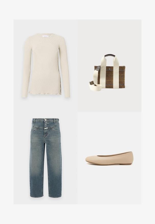 Rabanne Top s dlhým rukávom - ecru; CLOSED STOVER X - Džínsy tapered fit - mid blue; Béžové kožené baleríny s okrúhlym prstom, minimálnym švom, nízkym podpätkom a diskrétnym logom na zadnej strane. Hladká, matná textura.; Hnedo-čierna houndstooth taška s širokými krémovými popruhmi, koženou rukoväťou a nastaviteľným krémovým ramenným popruhom na bielom pozadí.