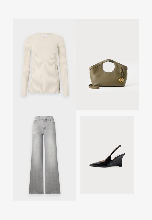 Rabanne Langærmet T-shirt - ecru; Bredde ben grå denim jeans med en falmet finish, frontlomme og knaplukning. Har lige ben og klassisk kant.; Sort laklæder kilehæl med slingback, spids tå og slank justerbar ankelstrop med spænde.; Olivengrøn læderhåndtaske med rund udskåret hank, gyldent MK-logo vedhæng og aftagelig skulderrem på hvid baggrund.