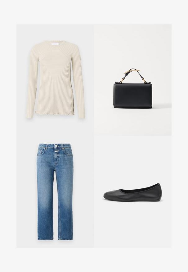 Rabanne Langærmet T-shirt - ecru; CLOSED MILO - Jeans Straight Leg - mid blue; Sort læderballetsko med rund tå, glat tekstur, minimal syning og et fleksibelt såldesign.; Sort læderhåndtaske med rektangulær form, der har en top-håndtag og hardware i guldtonet. Glat tekstur, minimalistisk design.