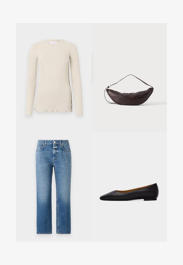 Rabanne Longsleeve - ecru; CLOSED MILO - Straight leg jeans - mid blue; Zwarte leren puntschoen met lage hak en gladde afwerking, zijaanzicht op een lichtgrijze achtergrond.; Donkerbruine leren schoudertas in halve maan vorm met een gebogen band en zichtbare stiksels op een effen achtergrond.
