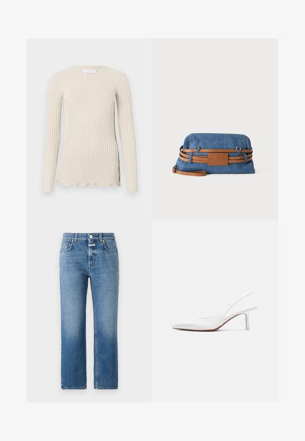 Rabanne Top s dlhým rukávom - ecru; CLOSED MILO - Džínsy s rovným strihom - mid blue; Biela dámska obuv na opätku typu slingback z kože s špicatou špičkou, nízkym opätkom a malou ozdobnou mašľou na vrchu, zobrazená z bočného profilu.; Džínová listová kabelka s dvojitými hnedými koženými opaskovými remienkami a zodpovedajúcim koženým logom v strede, na jednoliatom pozadí.