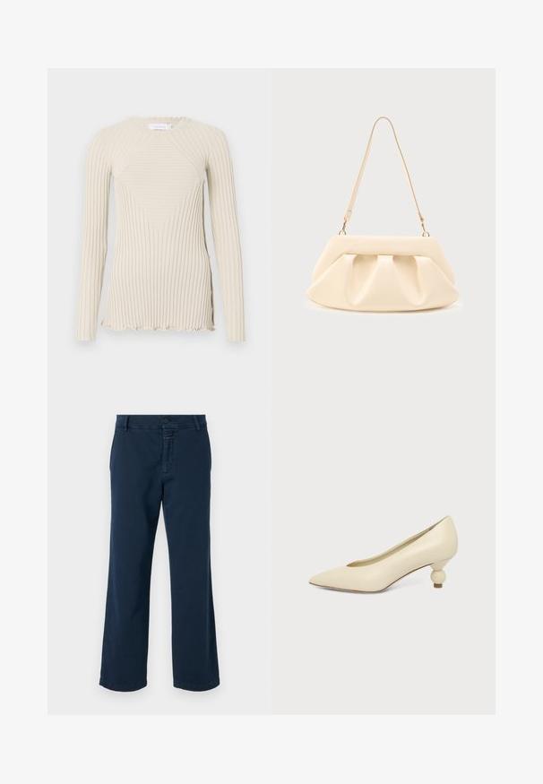 Rabanne Langarmshirt - ecru; CLOSED SERANDON - Stoffhose - dark night; Damenpumps in cremefarben mit spitz zulaufender Schuhspitze und niedrigem, kugelförmigem Absatz vor einfarbigem Hintergrund.; Beige Lederhandtasche mit gesammelten Falten, goldenen Beschlägen und einem einzelnen dünnen Schulterriemen vor einem schlichten Hintergrund.