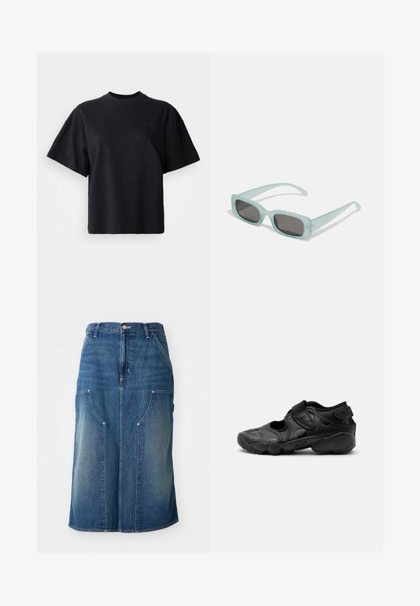 Schwarzes Baumwoll-T-Shirt mit rundem Halsausschnitt, kurzen Ärmeln und lässiger Passform; mit dezenten Logo-Details auf der Vorderseite.; Blauer Jeansrock mit geradem Schnitt, vorderen Taschen und einem Bund mit Knopfverschluss, der eine verblasste Textur und Nahtdetails aufweist.; Schwarze sportliche Sandale mit geschlossenem Zehenbereich, Klettverschlüssen am Mittelfuß und an der Ferse sowie einer dicken gepolsterten Sohle mit der Aufschrift „AIR“ an der Seite.; Ein Paar rechteckige Sonnenbrillen mit lichtblauen, halbtransparenten Rahmen und dunkelgrauen Gläsern, ausgestattet mit geraden Bügeln und minimalen Hardware-Details.