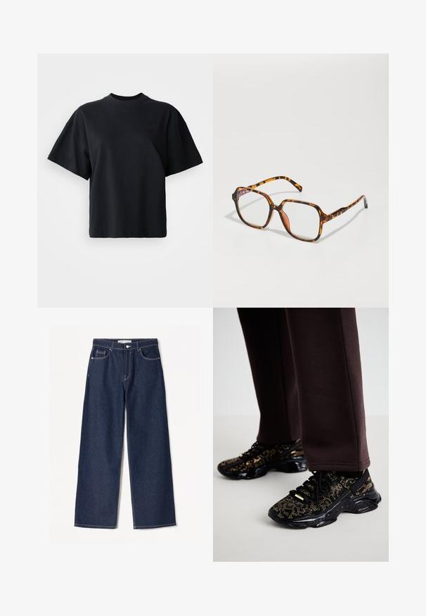 T-shirt en coton noir avec un col rond, des manches courtes et une coupe boxy ; présente un logo subtil sur le devant.; Jean large bleu foncé en tissu denim avec des coutures blanches, doté de deux poches avant et d'une fermeture à boutons classique.; Des baskets noires avec des éclats dorés, une surface texturée et une semelle noire épaisse. Associées à un pantalon de survêtement brun, montrant un design ajusté.; Lunettes écaille de tortue avec une monture carrée, dotées de verres transparents et d'un motif texturé. Les branches ont un design fin et épuré.