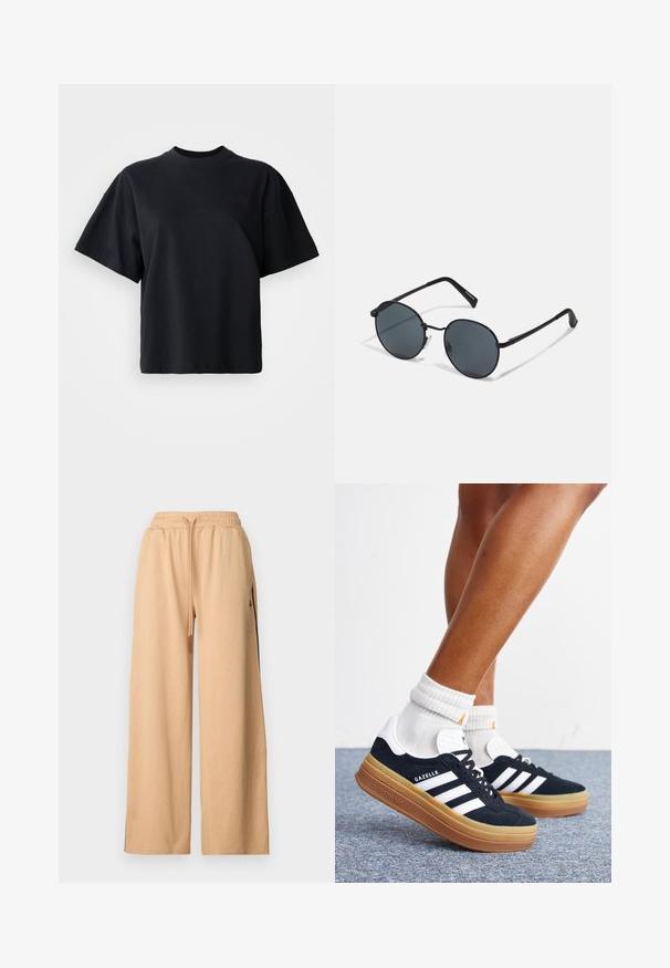 Schwarzes Baumwoll-T-Shirt mit rundem Halsausschnitt, kurzen Ärmeln und lässiger Passform; mit dezenten Logo-Details auf der Vorderseite.; Beige weit geschnittene Hose mit strukturiertem Muster, elastischem Taillenbund, Kordelzug und Seitentaschen mit schwarzen Akzenten.; Beine mit weißen Socken und schwarzen Adidas Gazelle Sneakers mit weißen Streifen und dicken braunen Sohlen auf einem grauen Teppichboden.; Schwarze Metal-Sonnenbrille mit runden Gläsern, dunkler Tönung, schlanken Bügeln und verstellbaren Nasenpolstern, mit einem minimalistischen Design und ohne sichtbares Branding.