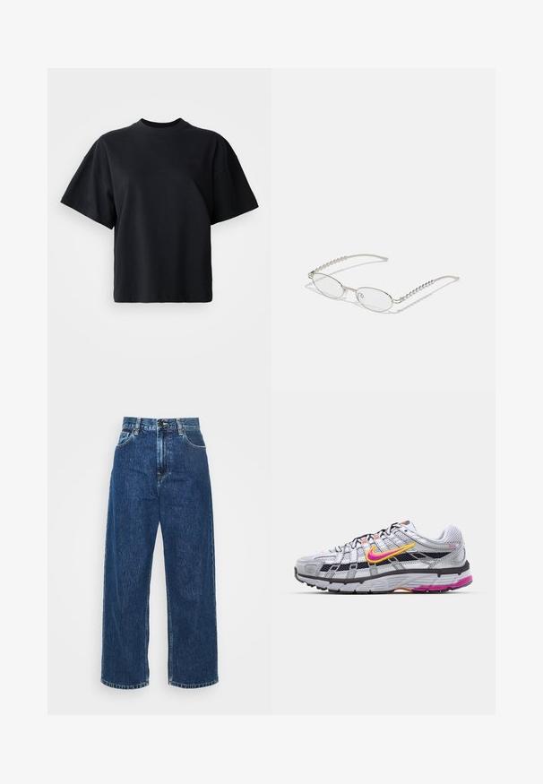 Sort bomulds t-shirt med rund halsudskæring, korte ærmer og en boxy pasform; har diskret logo på forsiden.; Lysblå denim brede ben jeans med høj talje, synlig syning og standard lommer. Har en knap- og lynlåslukning.; Grå mesh løbesko med en karakteristisk pink og gul swoosh, sorte accenter og en tekstureret gummisål. Har forstærket tå og polstret krave.; Ovale briller med en metallisk sølvramme, klare linser og strukturerede perleaccentede stænger. Letvægtsdesign med buede arme.