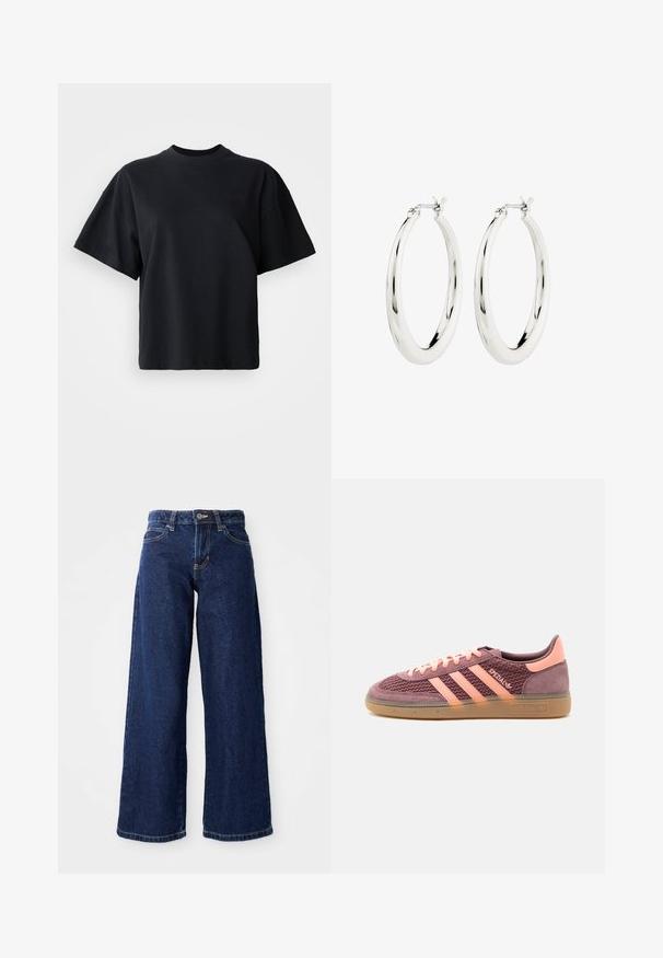 Sort bomulds t-shirt med rund halsudskæring, korte ærmer og en boxy pasform; har diskret logo på forsiden.; Mørkeblå vide jeans lavet af denim, med knap- og lynlåslukning, bæltesløjfer og klassisk fem-lomme design.; Lavprofileret Adidas sneaker i mauve og fersken med struktureret overdel, gummisål, tre ferskenfarvede striber og "Spezial" branding på siden.; Sølvøreringe i form af hoops med en glat, blank finish. Cirkulær form, der har en sikker lås. Simpelt og elegant design.