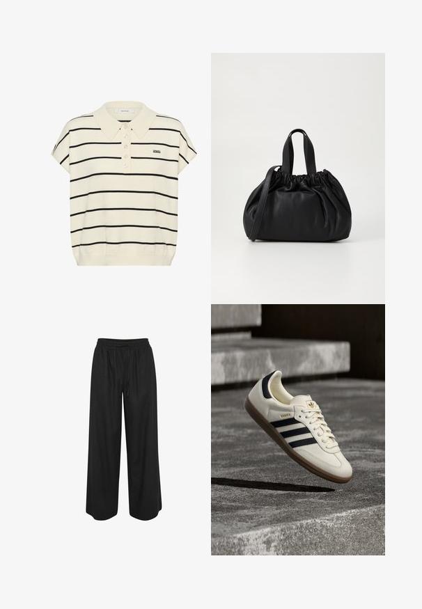 Cremefarvet polo t-shirt med korte ærmer med sorte vandrette striber, fire knapper, spidst krave og lille broderet "DG" logo på brystet.; Sorte bukser med brede ben, elastisk talje og snøre, lavet af letvævet stof, vist mod en hvid baggrund.; Hvid Adidas Samba sneaker med sorte striber og gummsål, svævende over teksturerede grå betonstrin.; Sort læderhåndtaske med en samlet topdesign, der har to korte håndtag og en lang justerbar rem. Glat overflade, rund form.