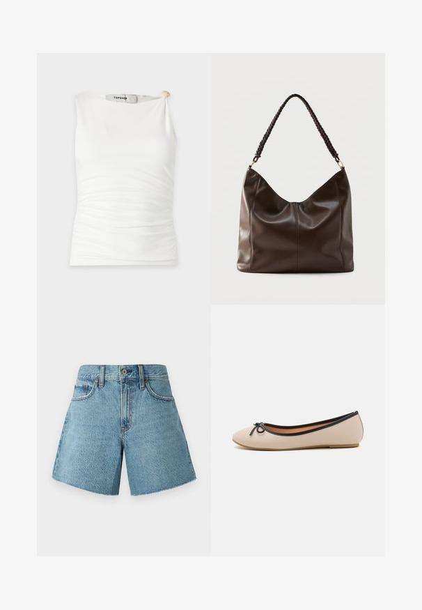 Weisses, ärmelloses, figurbetontes Top mit seitlicher Raffung und einem verdrehten Knoten-Detail auf einer Schulter, mit Topshop-Etikett.; Jeansshorts in hellblau, mit hohem Bund, fünf Taschen und rohem Saum. Hergestellt aus strukturiertem Baumwollstoff mit klassischem Design.; Beige Ballerinas aus synthetischem Material mit schwarzem Besatz. Sie haben eine runde Zehenpartie und eine kleine schwarze Schleifenakzent an der Vorderseite. Flache Sohle.; Dunkelbraune Leder-Schultertasche mit geflochtenem Griff und sichtbaren Nahtdetails auf der Vorderseite.